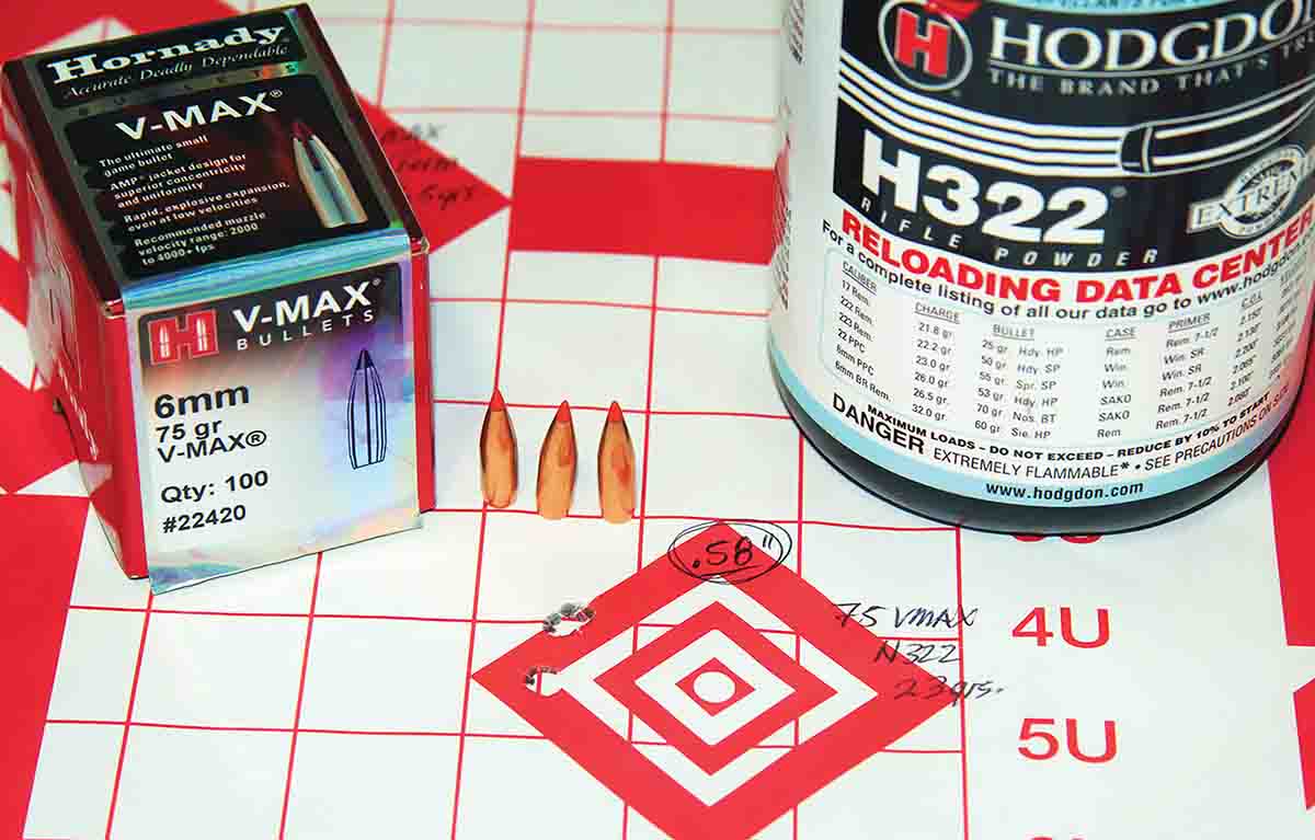 This .58-inch group resulted from 23 grains of Hodgdon H-322 and a Hornady 75-grain V-MAX sent at 2,740 fps.